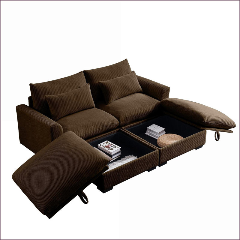 Canapés modulaires de salon, modulaire 2 places avec repose-pieds de rangement | Noyer brun | Velours côtelé