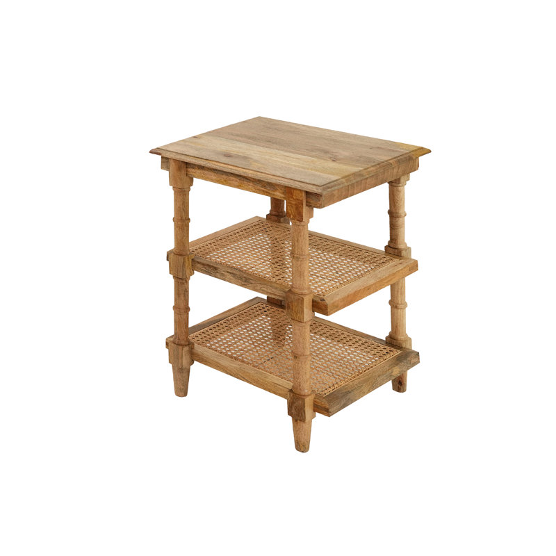 Leyt 18" W Solid Wood End Table with Cane Shelves , Natural