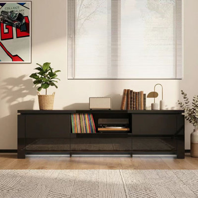 70" Wide High-Gloss LED Record Player Stand, Media Console With 2 Cabinets