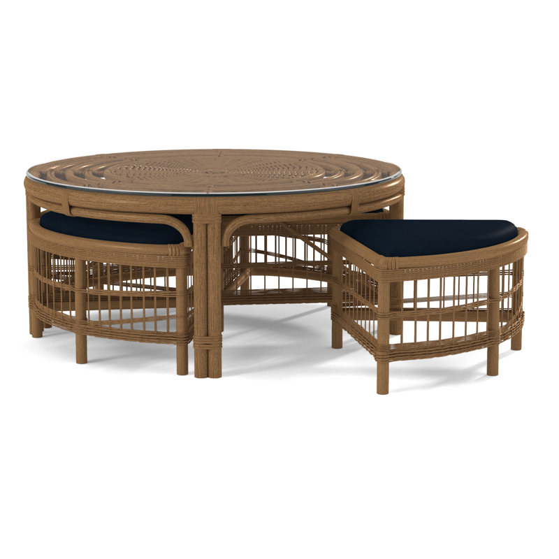 Raffles Rattan Cocktail Table with Benches, Blue Buffalo Check; 0120-61, Honey