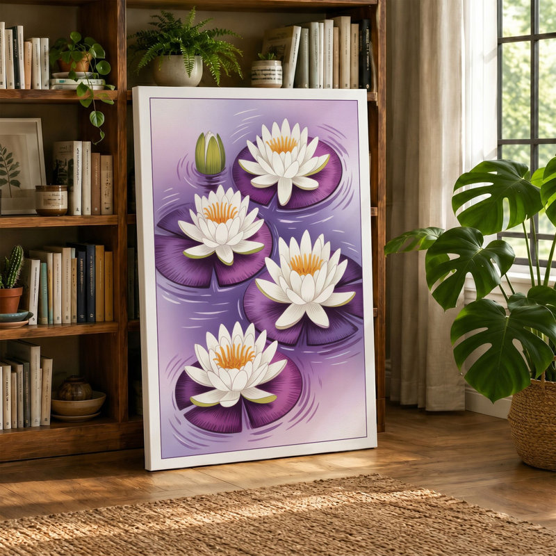 Floating Water Lilies Botanical - Wrapped Canvas, 36x24 - 91.4 x 61.0 cm, Ochre Border