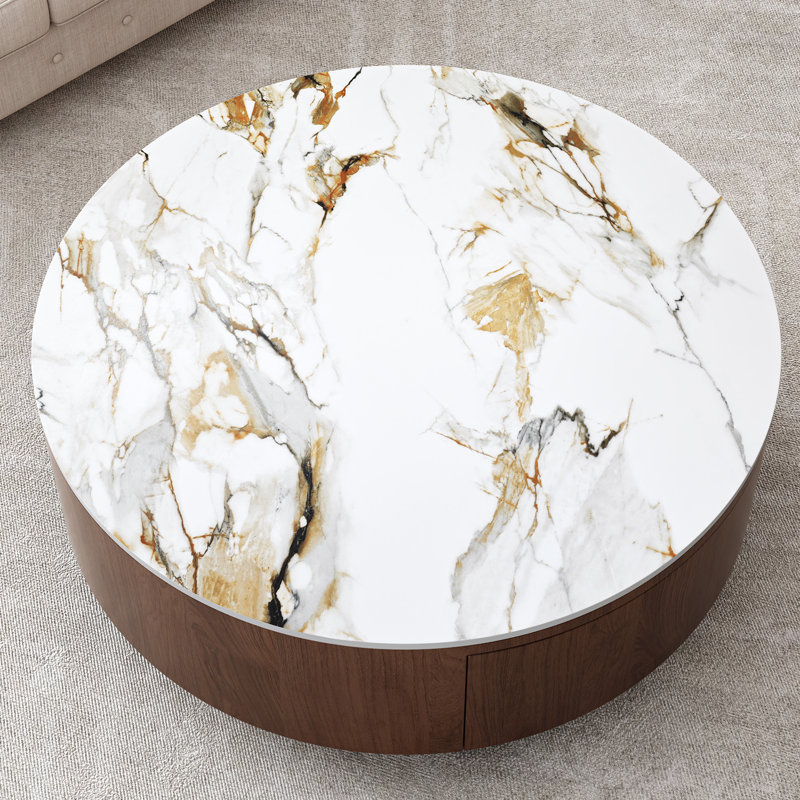  Table basse ronde 35,4 po avec 2 tiroirs de rangement cachés, plateau en faux marbre moderne et base en bois de noyer, blanc et noyer