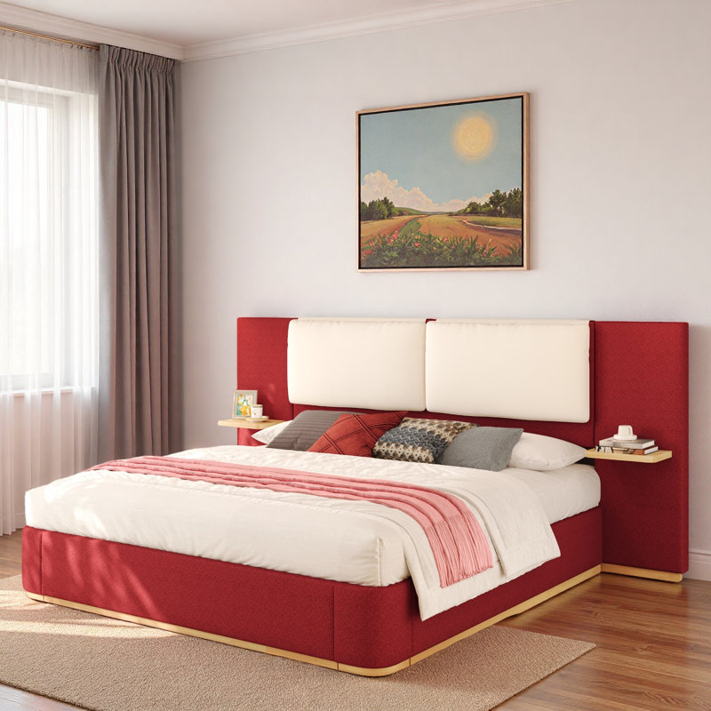Lit plateforme tapissier avec tablettes, Rouge, Grand lit