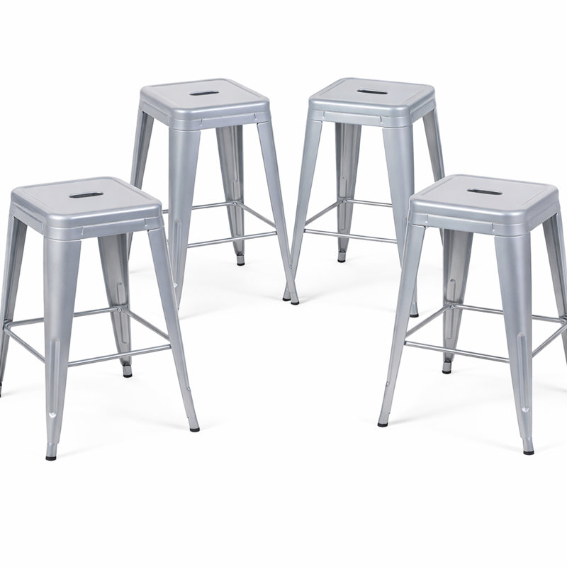 Tabourets de bar sans dossier en métal argenté antique, hauteur du comptoir (61 cm), ensemble de 4, non empilables, gain de place, montage facile, idéal pour un coin repas, démontables, en métal imperméable, robustes, petite capacité de charge