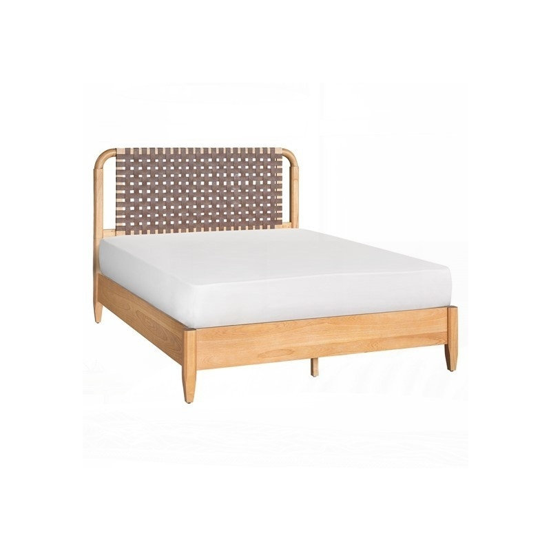 Grand lit en similicuir tissé avec structure en bois massif et finition érable caramel, aucun sommier tapissier requis
