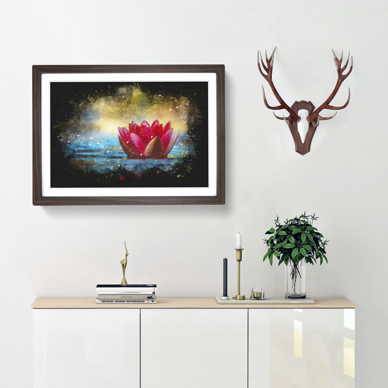 Pink Water Lily Flower Paint Splash - Picture Frame Graphic Art, 45cm H x 63cm W x 2cm D, Walnut Framed