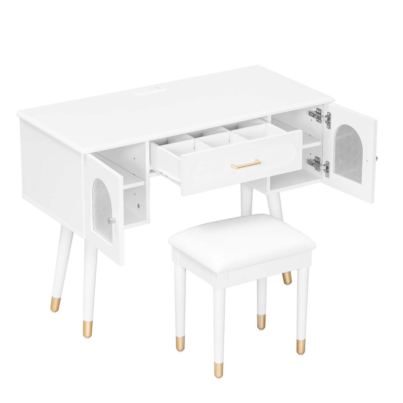 Elegant Vanity Makeup Table & Chair Set, Modern Dressing Table With Organizer, Writing Desk, Charging Port, White