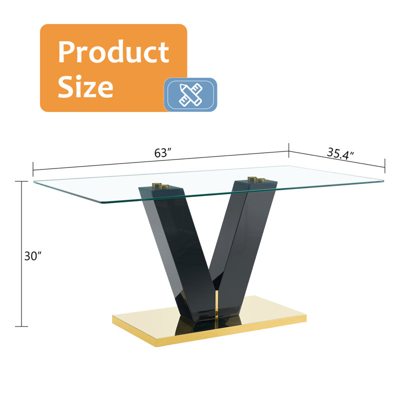 Large Modern Minimalist Rectangular Glass Dining Table For 6 - 8 People, Featuring 0.4" Tempered Glass Top, MDF Slab, V - Shaped Bracket, Base, Ideal For Kitchen, Dining, Living, Meeting, Banquet Spaces, Merging Style And Functionality