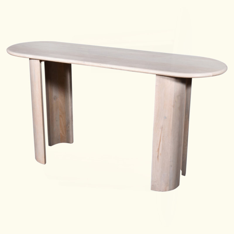 Console de salon ovale en bois massif, console moderne au fini chêne blanc