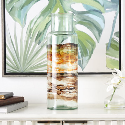 Donsha Recycled Glass Abstract Decorative Clear Vase with Swirled Colored Glass Bands