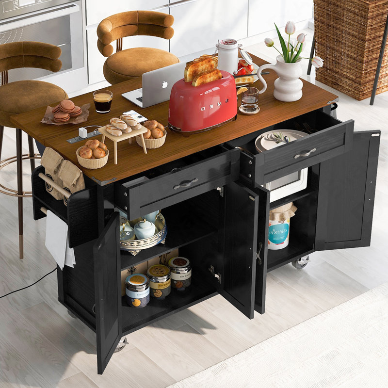 53.5''Farmhouse Kitchen Island With Power Outlet, Kitchen Storage Island With Drop Leaf, Spice Rack And Drawer, Rolling Kitchen Cart On Wheels, For Home, Kitchen And Dining Room, Black