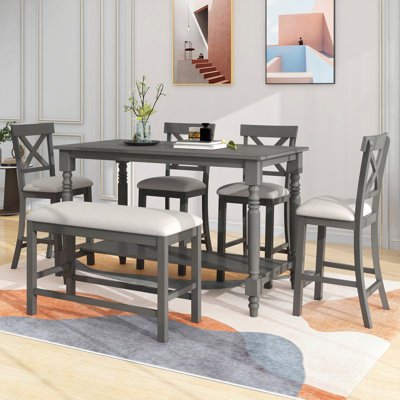 Ensemble de 6 tables de salle à manger à hauteur de comptoir avec 4 chaises et un banc