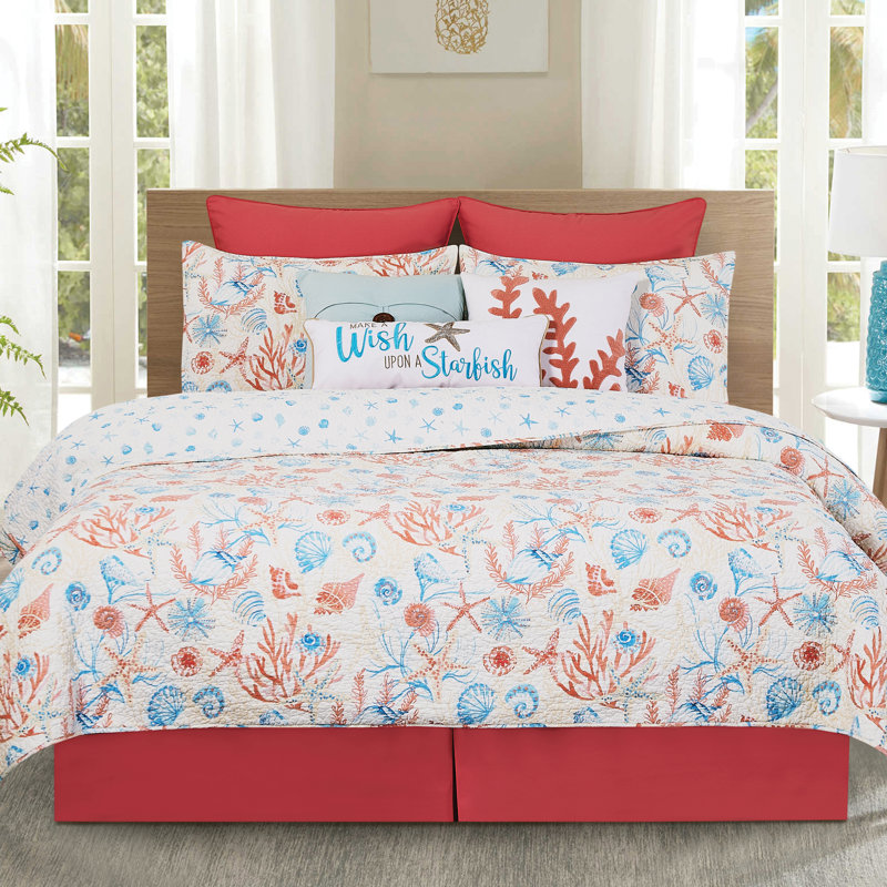 Ensemble de courtepointe réversible en coton blanc / bleu / rouge Shelly Shores