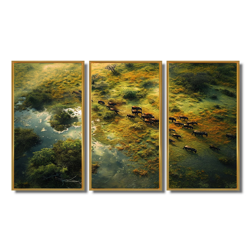 Castanon - ensemble d'art mural paysage africain, Cadre flottant doré, H 28 po x l 36 po x P 1 po
