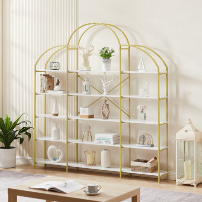 74.8 Inch 5 Tiers Office Bookcase Bookshelf, Display Shelf With Round Top, X Bar Frame