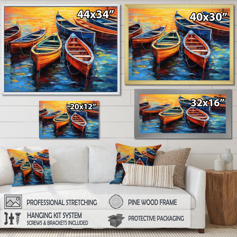 Bateaux dans le port I - art mural grand port côtier, Cadre flottant noir, H 16 po x l 32 po x P 1 po