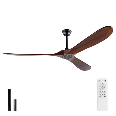 72 Inch 3-Blade Solid Wood Ceiling Fan, Walnut, No Light, Reversible DC Fan with Remote for Large Room Patio Porch