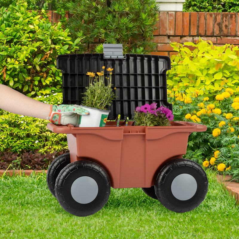 Rolling Garden Cart with Seat - Plastic Storage with Bench and Interior Tool Tray - Gardening Stool for Weeding and Planting by Pure Garden