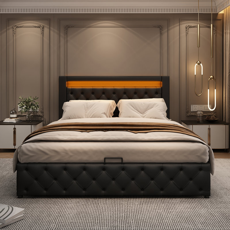 Classic Upholstered Bed Frame With Led Headboard & Storage, Double (4'6), Black