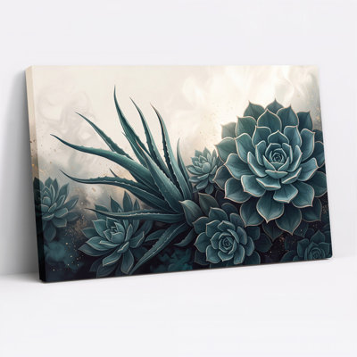 «Teal Succulents and Agave Leaves with Gold Dust», art mural sur toile
