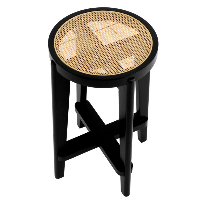 Black Solid Wood Counter Stool with Rattan Cane Seat