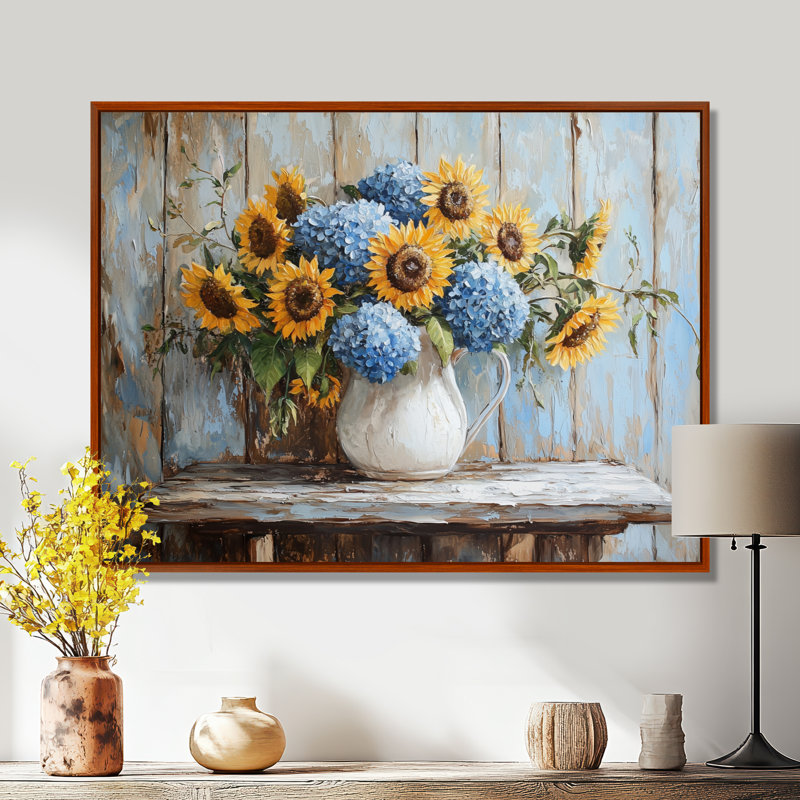 «Dubon Hydrangeas And Sunflowers Farmhouse I - Hydrangea», art mural, H 12 po x l 20 po, Impression encadrée flottante, Brun