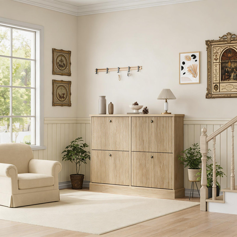 Range-chaussures avec 4 tiroirs rabattables pour le vestibule, le salon, Bois naturel
