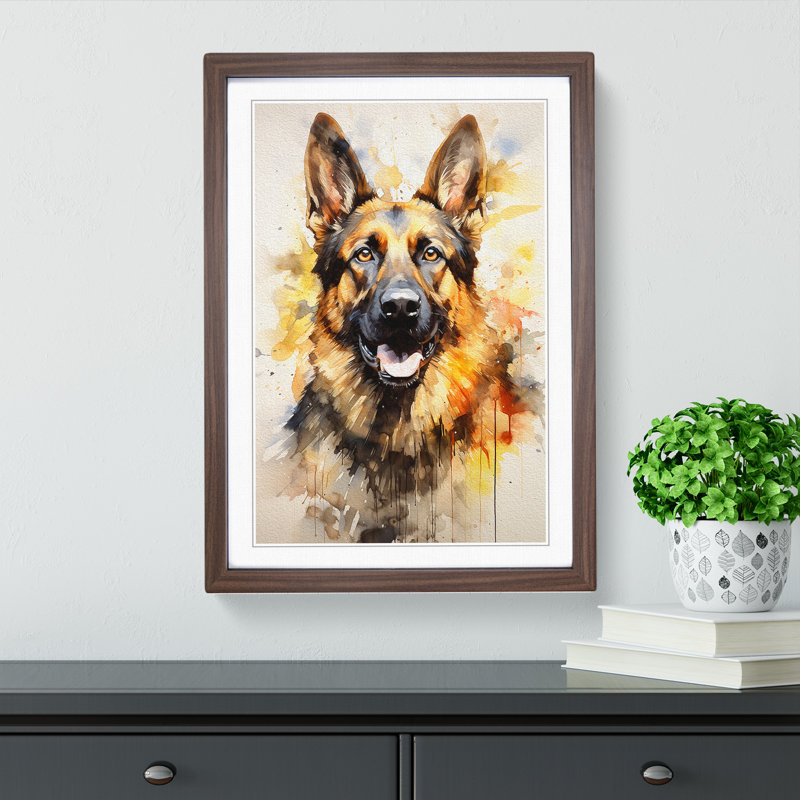 German Shepherd Modern - Single Picture Frame Print on Wood, Walnut, 46cm H x 34cm W x 2cm D