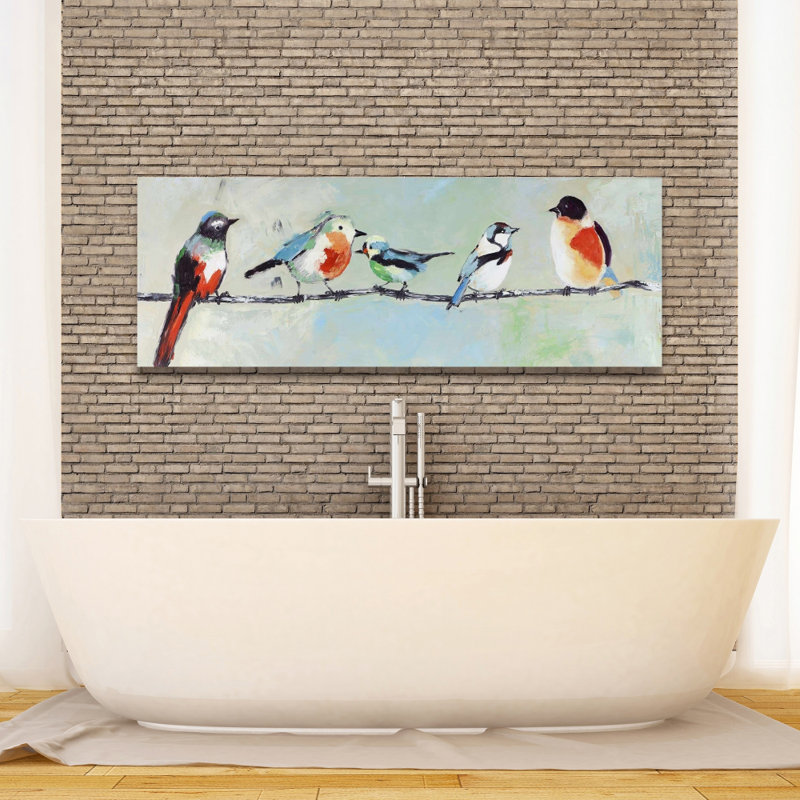 Petits oiseaux abstraits colorés sur toile | Décoration d'oiseau vert, H 48 po x l 16 po