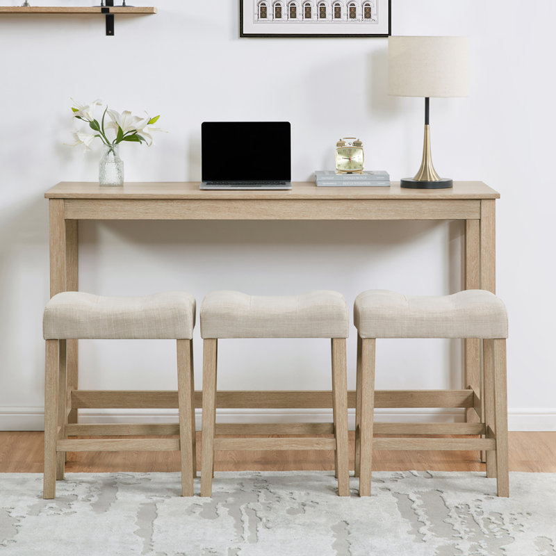 4 Piece Bar Table Set With Power Outlet And 3 Padded Stools, Natural