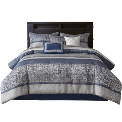 7 Piece Navy King Comforter - With Embroidered & Stripe Design Pillows With Decor