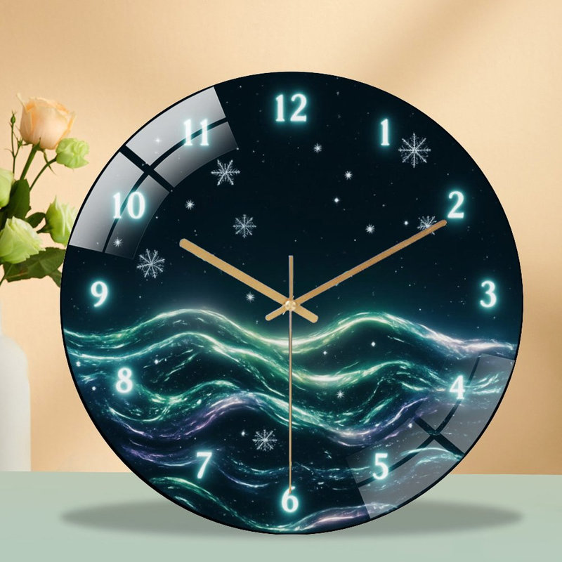 Horloge-Cadres-chiffres-flocons de neige-art des vagues - horloge murale moderne en verre 12 po