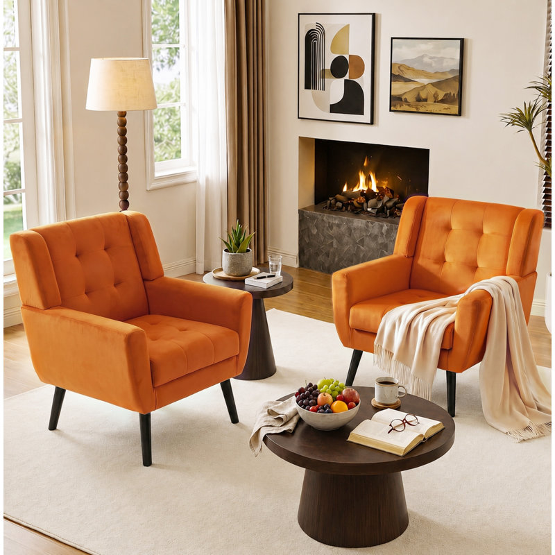 Tufted Upholstered Wide Back Armchair（Set of 2）, Orange Velvet