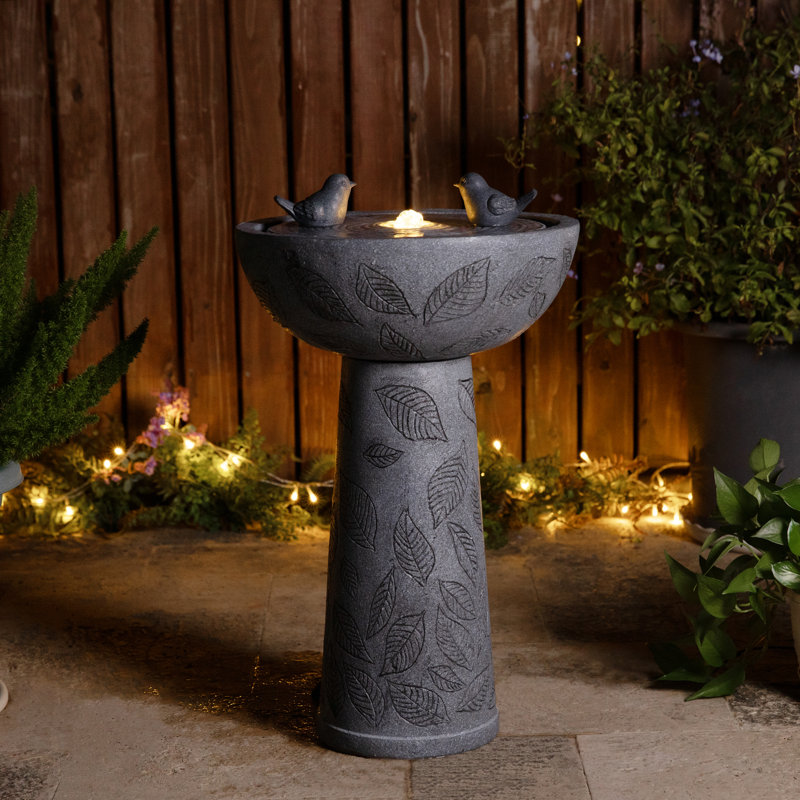 27.5"H 2-Tiered Birdbath Polyresin Outdoor Fountain with Birds, Pump and LED Light (KD)