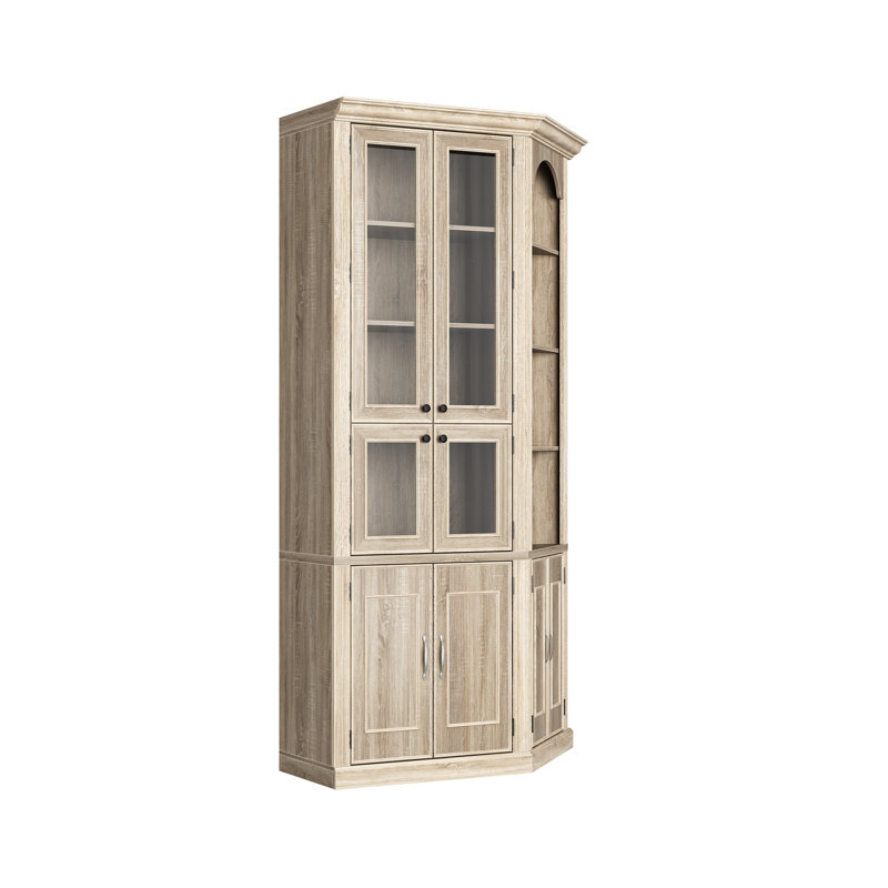 Busby 90.3" Tall Corner Bookcase Cabinet With Glass Doors, Open Shelves, 3-Color LED Spotlights, Oak
