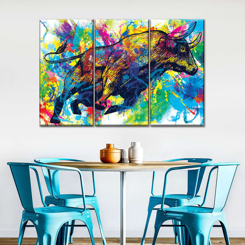 Bull Bull Splash sur toile, 3 pièces, H 38 po x l 24 po x P 1,25 po