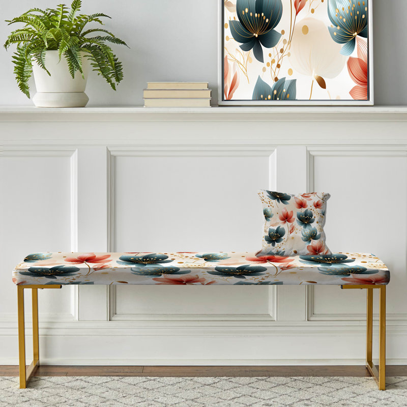 Motif floral bleu sarcelle harmonie côtière - Banc floral rembourré or