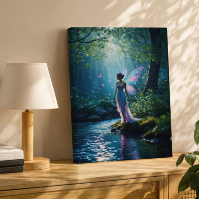 Canvas A Delicate Fairy Stands Gracefully Beside A Shimmering Stream In Wall Art An Enchanting Forest Illuminated By Soft Dappled Canvas Wall Art