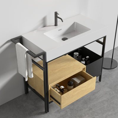 Industrial Style Modular Bathroom Vanity With A Robust Metal Frame, Topped With A Seamless, Easy-To-Clean Artificial Stone Basin, Without Drainage And Faucet
