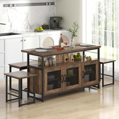 Ensemble d'îlot de cuisine 4 pièces avec banc et tablettes de rangement en métal robuste