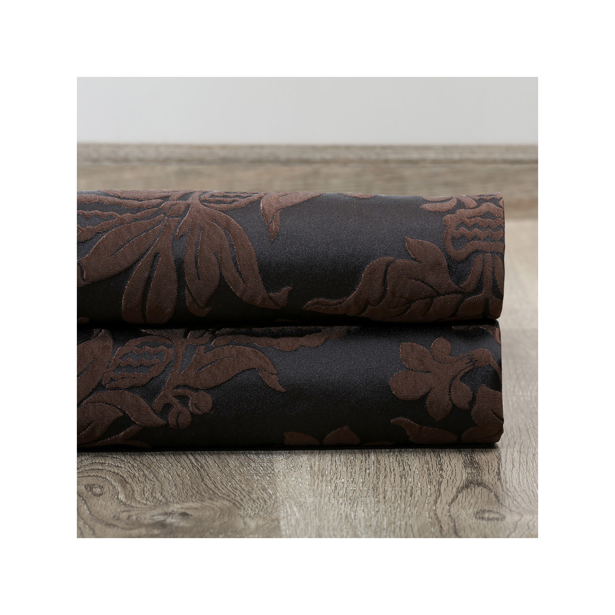 Ballsallagh Baroque Floral Faux Silk Jacquard Room Darkening Window Curtain -Single Panel, 50" W x 96" L, Black/Cognac