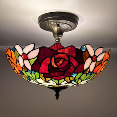 Plafonnier Tiffany avec fleurs roses en verre coloré inclus