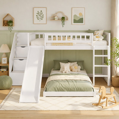 Lit superposé simple au-dessus de simple avec deux tiroirs et glissière, blanc (escalier SKU: LT100156AAK-1)