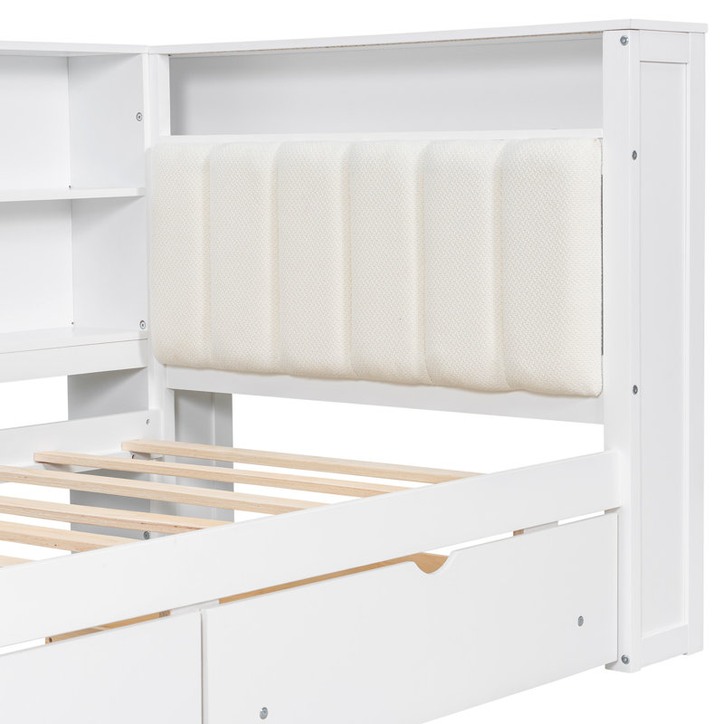 Wood Twin Platform Bed With Storage Shelves, 2 Drawers, Charging Ports, Adjustable Led, Desk And Elegant Upholstered Head, White Beige Size In Wood, Headboard, Station, Led Lights Table, +