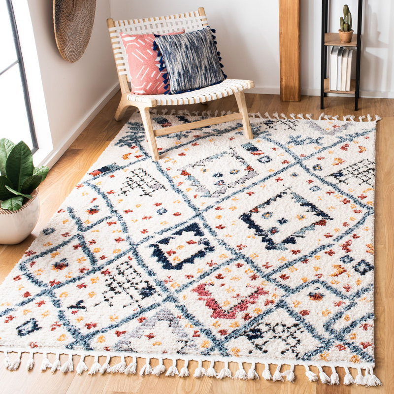 Ivory and Multi Diamond Geometric Round Synthetic Rug
