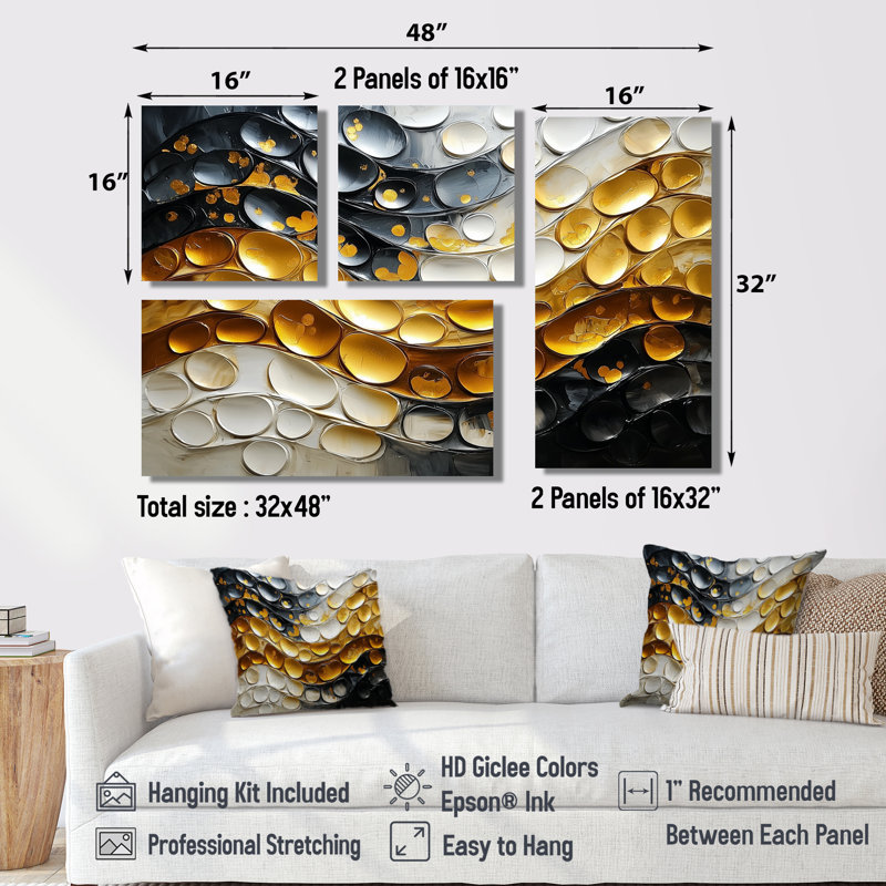 Golden Passage To Transitional Art II - Art mural abstrait 4 pièces, Impression encadrée sans passe-partout, Noir