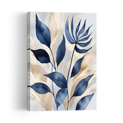 Élégante affiche murale abstraite minimaliste moderne représentant des plantes bleues dans un paysage naturel.