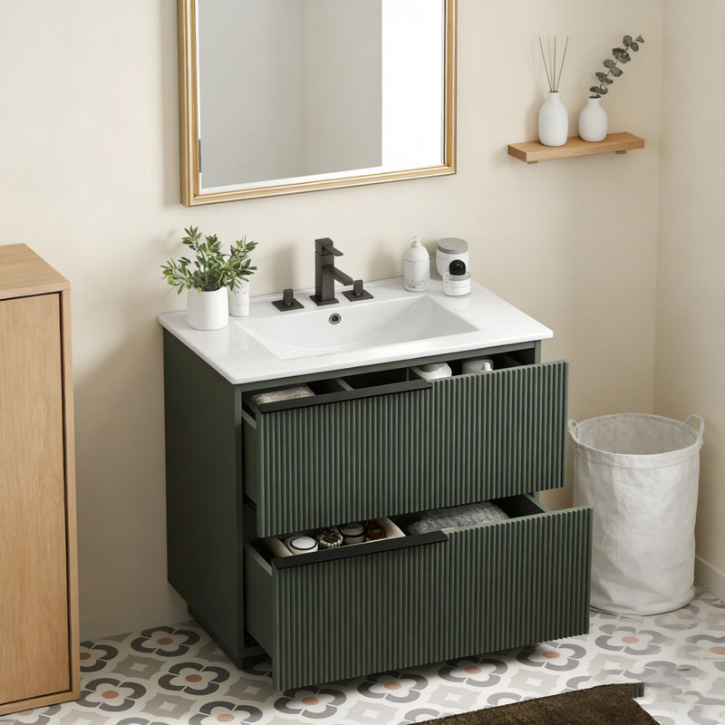 Meuble-lavabo 30 po avec lavabo en céramique, Vert-1