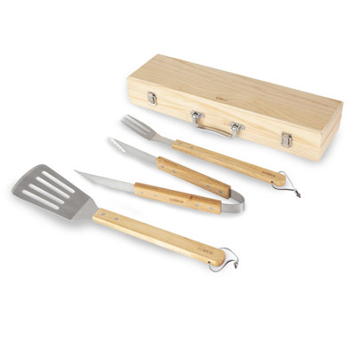 Tower T932005 BBQ 4 Piece Tool Set with Wooden Handles and Carry Case, Stainless Steel