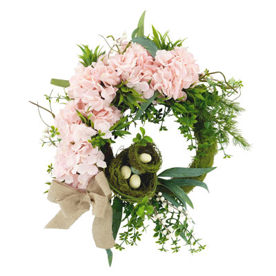 20"Pink Hydrangea And Bird's Nest Spring Wreath
